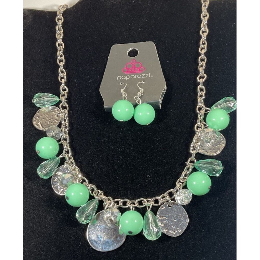 Paparazzi Necklace Earrings Fashion Jewelry Set Green Beaded Silver Tone Chain